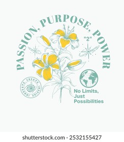 "Passion, Purpose, Power" Slogan graphic design that will appeal to young women, designed for use in everyday wear.