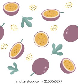 Passion seamless pattern. Whole, slice, half, leaf. Vector illustration 