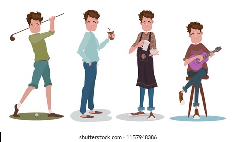Passion set 4 personality of new generation golfer rest musician barista musician.Vector cartoon illustration isolated characters.