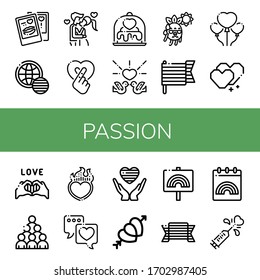 passion simple icons set. Contains such icons as Love, World pride day, Kiss, Heart, Hot, Pride, Hearts, can be used for web, mobile and logo