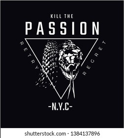 passion slogan typography with snake illustration on black background