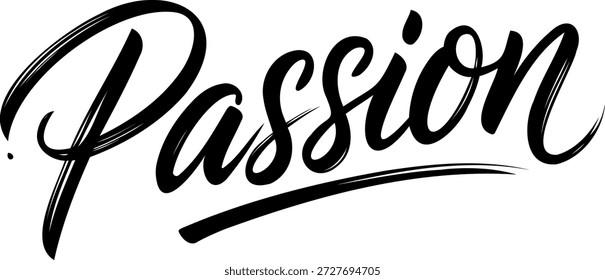 PASSION Text handgezeichnete Pinsel Kalligraphie. Schwarzer Text, Passion Script-Wort. Text-Design-Druck für Grußkarte, Banner, Poster, T-Shirt, Valentinstag, Hochzeit, Liebe, Vektorgrafik auf weißem Hintergrund.