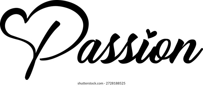 PASSION Text handgezeichnete Pinsel Kalligraphie. Schwarzer Text, Passion Script-Wort. Text-Design-Druck für Grußkarte, Banner, Poster, T-Shirt, Valentinstag, Hochzeit, Liebe, Vektorgrafik auf weißem Hintergrund eps 10