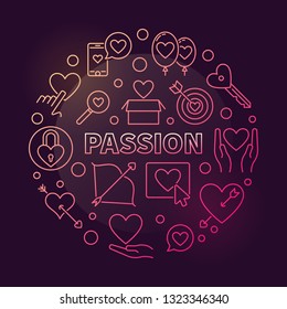 Passion vector round colored illustration made with outline love icons in circle shape on dark background