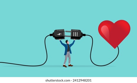 passion for work, mindset or attitude to work according to our talents and interests, businessman work with heart, businessman connect plug with heart to power socket concept vector illustration