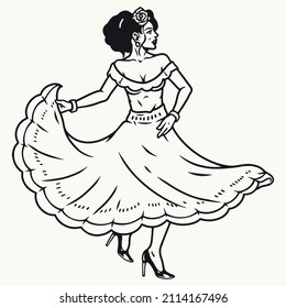 Passionate attractive Mexican woman with rose in hair wearing dress dancing alone in monochrome vintage style, vector illustration