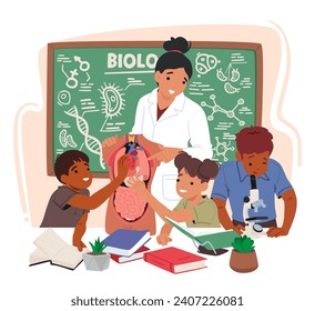 Un Profesor De Biología Apasionado Participa A Niños Curiosos En El Aula, Fomentando El Amor Por La Ciencia Mientras Exploran Las Maravillas De La Vida A Través De Lecciones Interactivas Y Experimentos Interactivos. Ilustración vectorial