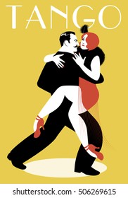 Passionate couple dancing tango: handsome man and beautiful woman dancing tango on the ballroom. Yellow background