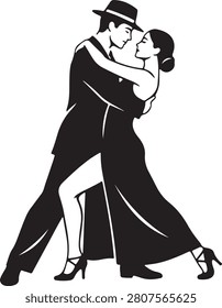 Passionate Couple Dancing Tango  Silhouette of Man in Hat and Woman in Gown Vector