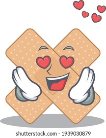 A passionate cross bandage cartoon mascot concept has a falling in love eyes. Vector illustration