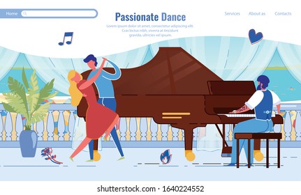 Passionate Dance Romantic Date Landing Page Trendy Design. Cartoon Man and Woman Performing Dance Piano Accompaniment. Elegant Dancing Couple. Loving Relationships. Vector Flat Illustration
