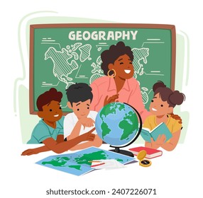 Leidenschaftlicher Geographielehrer steht inmitten einer vielfältigen Gruppe neugieriger Kinder, umgeben von der Welt. Sie erforschen die Welt zusammen und fördern eine Liebe zum Lernen und zum globalen Verständnis. Vektorgrafik