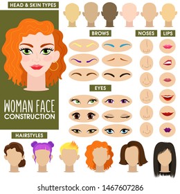 Passionate girl. Woman face constructor. Cartoon vector style. Creation of spare parts. Different hairstyles and hair color, eyes, eyebrows, lips, nose, head shape and skin color. 