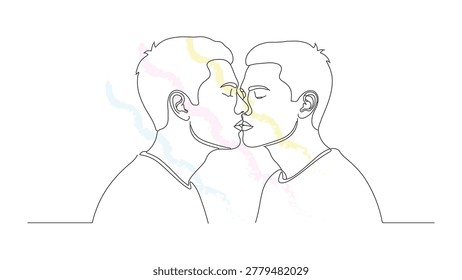 Passionate kiss between two men, romantic love, intimate connection, continuous line drawing, soft pastel color accents.