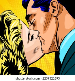 Beso apasionado, ilustración vectorial cómica. Hombre besando a una mujer rubia sobre el fondo del arte pop soleado. Retrato de pareja enamorada, estilo retro estilo estilización del siglo XX