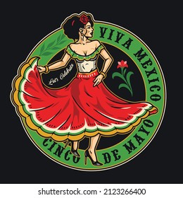 Passionate Mexican woman with rose in hair dancing in long dress in green circle with cinco de mayo inscription, vector illustration