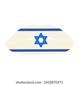 Labios separados apasionados de la muchacha joven en el beso. Elemento de leche sólida festivo, atributo de la fiesta judía. Icono plano del vector de la historieta en los colores nacionales de la bandera de Israel aislada en el fondo blanco