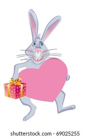 Passionate rabbit with a gift on a white background