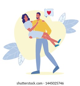 Passionate Relationship Flat Vector Illustration. Cheerful Newlyweds, Boyfriend and Girlfriend Cartoon Characters. Husband Carries Wife in Arms. Couple Celebrating Valentine Day, Romantic Holiday
