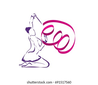 Passionate Sports Athlete In Action Logo - Artistic Ribbon Rhythmic Gymnastic