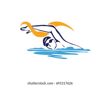 Passionate Sports Athlete In Action Logo - Modern Free Stroke Swimmer Silhouette