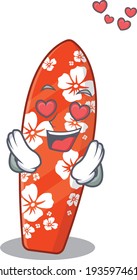 A passionate surfboard cartoon mascot concept has a falling in love eyes. Vector illustration