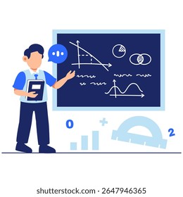 Um professor apaixonado explica dados e gráficos para os alunos em um ambiente de sala de aula colorido e envolvente, promovendo a aprendizagem e a interação.