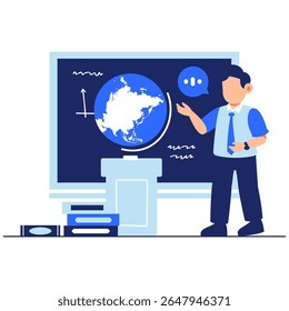 A passionate teacher explains geography using a globe and chalkboard, promoting interaction and knowledge in a vibrant classroom environment.