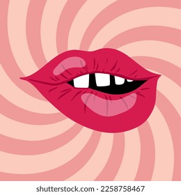 Passionate Valentines Day greeting card. Valentine card. Сonception of love. Lips beckoning to a kiss. Mouth. Trends retro cartoon style.