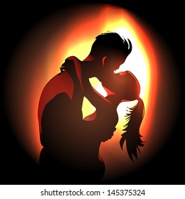 Passionate young couple kissing over fire light vector illustration