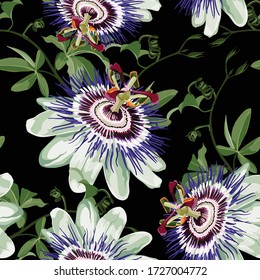 Passionflower tropical flowers and fruit. Passiflora seamless pattern on the black backgroung.