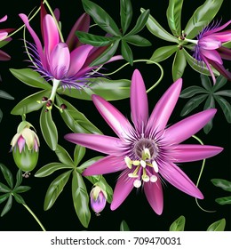 Passionflower  tropical flowers and fruit.Seamless pattern on the dark background