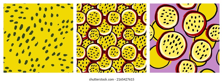 Passionfruit, abstract exotic fruit seamless pattern. Colorful kitchen textile or product packaging background in yellow, lilac and dark red colors colors.