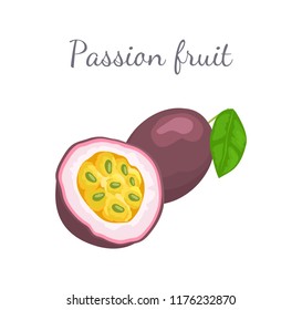 Passionfruit with leaf, exotic juicy fruit whole and cut vector isolated. Maracuja, parcha, grenadille or fruits de la passion. Tropical edible dieting food