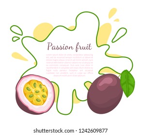 Passionfruit with leaf, exotic juicy fruit vector poster frame and text. Maracuja, parcha, grenadille or fruits de la passion. Tropical edible dieting food