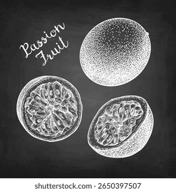 Passionfruit. Set of chalk sketches on blackboard background. Hand drawn vector illustration. Vintage style.