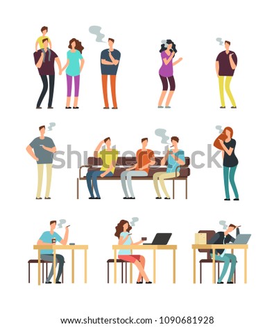 Passive cigarette smoking, smoke pollution. Unhealthy people smokers cartoon minimal characters set. Vector nicotine addiction, man and woman illustration