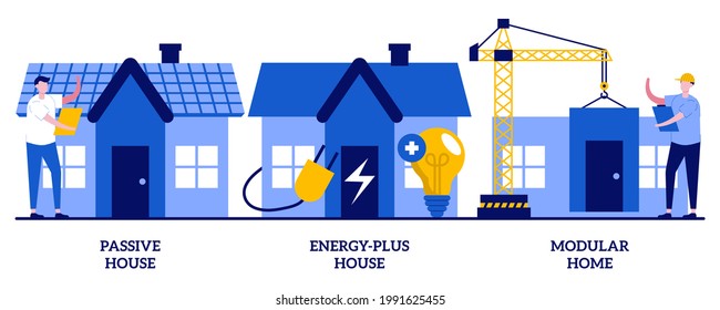 Passive and energy-plus house, modular home concept with tiny people. Innovative private construction technologies vector illustration set. Heating efficiency, reducing ecological footprint metaphor.