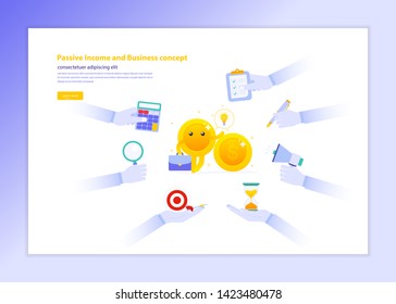 Passive income and Business concept, Cartoon Coins Money Character surrounded by Hands holds time, calculator, report, pen, magnifier, megaphone, Dart board for Growing Financial Wealth Investment