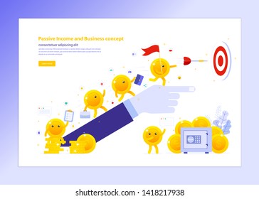Passive income and Business concept, Hand pointing forward and Cartoon Coins Money Character go out to working together and throwing dart arrow flying on target for Growing Financial Wealth Investment