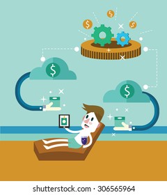 Passive income. Businessman at the beach receive money from cloud. flat design elements. vector illustration