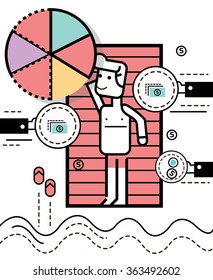 Passive income. Businessman relax at the beach receive money serving. flat thin line design elements. vector illustration