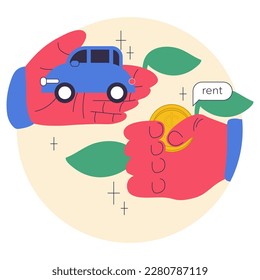 Passive income. Character making money on car renting service. Rental equipment. Easy way to receive profit from remote source. Flat vector illustration