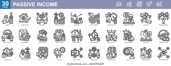 "Passive Income" Collection of 30 icons related to Net Profit,Rental Service,Earn Money,Compound Interest,Index Fund. Vector illustration, Simple line Style