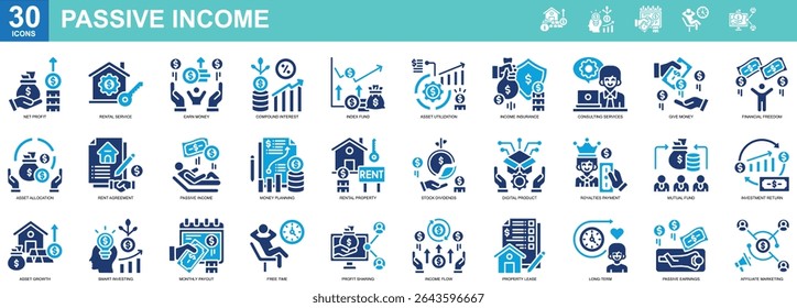 "Passive Income" Collection of 30 icons related to Net Profit,Rental Service,Earn Money,Compound Interest,Index Fund. Vector illustration, Simple Glyph Color Style