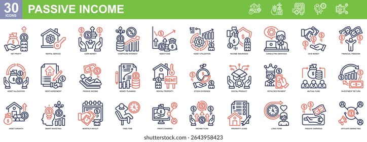 "Passive Income" Coleção de 30 ícones relacionados a Lucro Líquido, Serviço de Aluguel, Ganhar Dinheiro, Juros Compostos, Fundo de Índice. Ilustração vetorial, estilo de cor de contorno simples