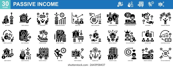 "Passive Income" Coleção de 30 ícones relacionados a Lucro Líquido, Serviço de Aluguel, Ganhar Dinheiro, Juros Compostos, Fundo de Índice. Ilustração de vetor, estilo de glifo simples