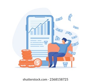 Passive income concept. Businessman relaxes waiting for the money increase, flat vector modern illustration