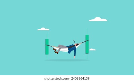 Passive income concept, earning with no effort by make profit or dividend from investment and achieve financial freedom concept, businessman sleeping in hammock with investment growth graph bar