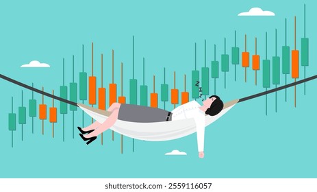 Passive income concept, earning with no effort by make profit or dividend from investment and achieve financial freedom, businesswoman sleeping in hammock with investment growth graph background